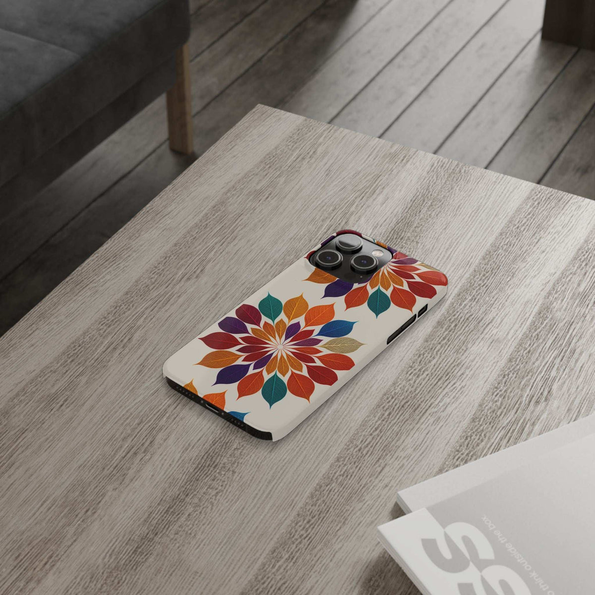 Leaf mandala phone case for iPhone 11-17, white with multicolor floral leaf pattern