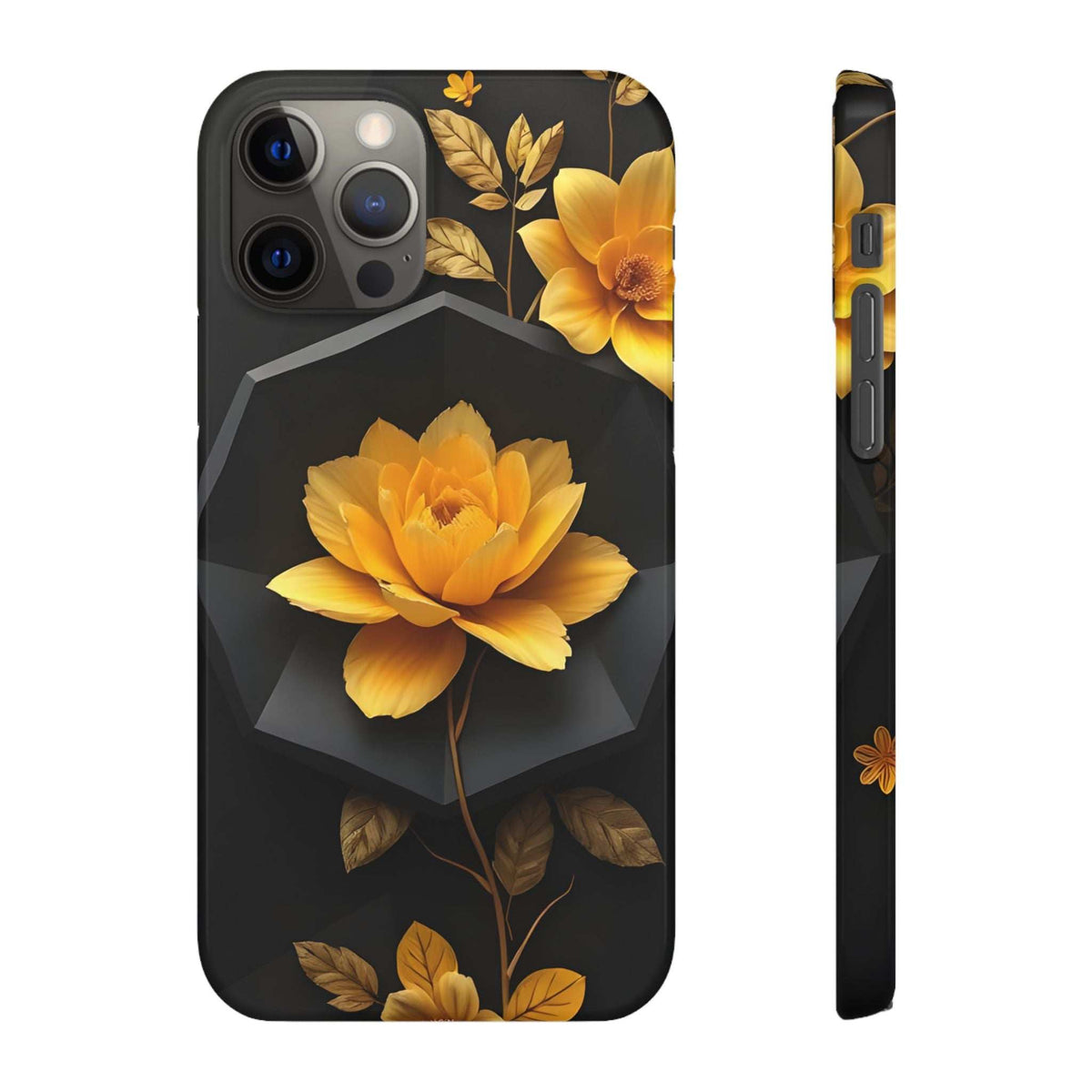 Black phone case with yellow rose and butterflies, camera opening and cutout ports