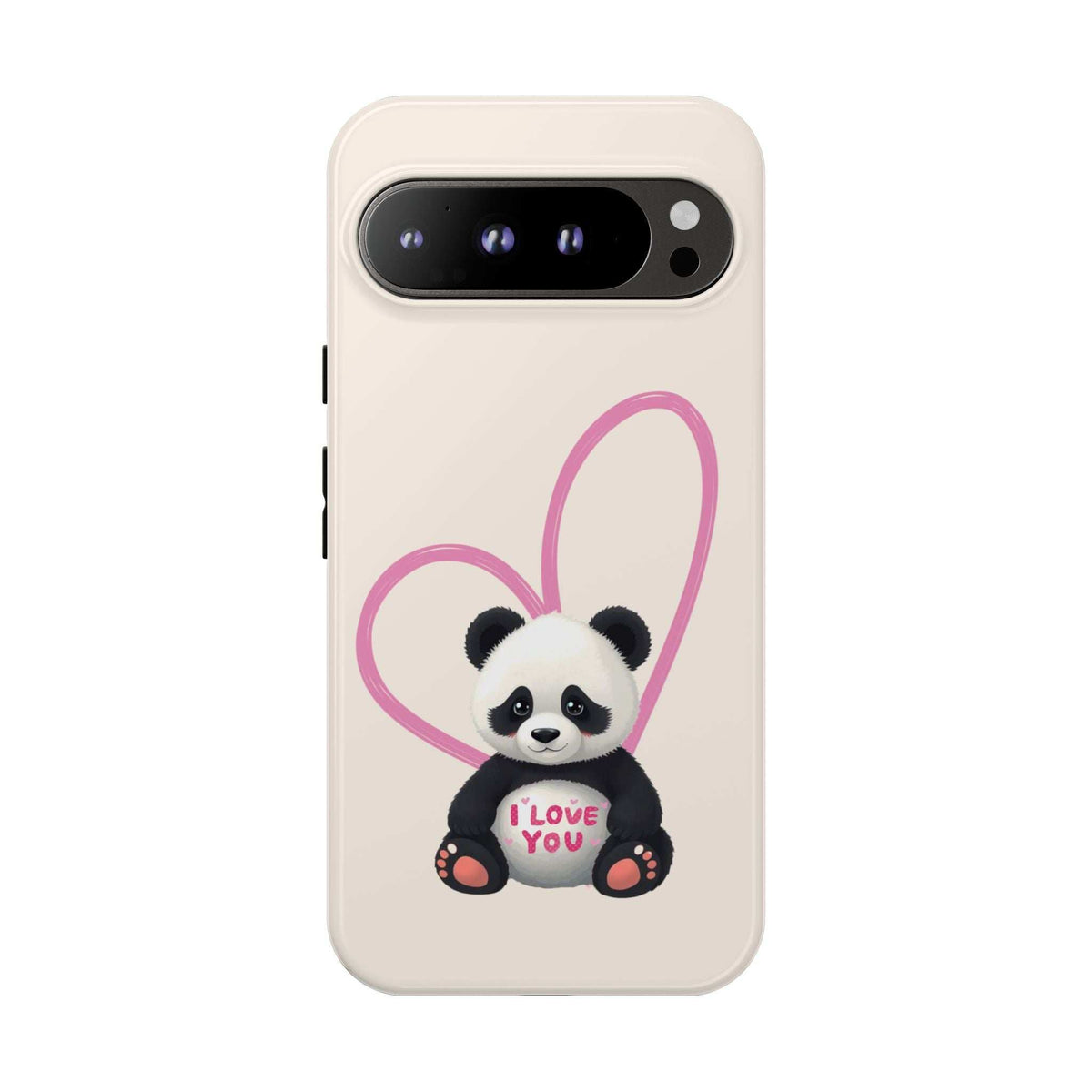 Cream phone case with panda and pink heart design, “I love you” in pink