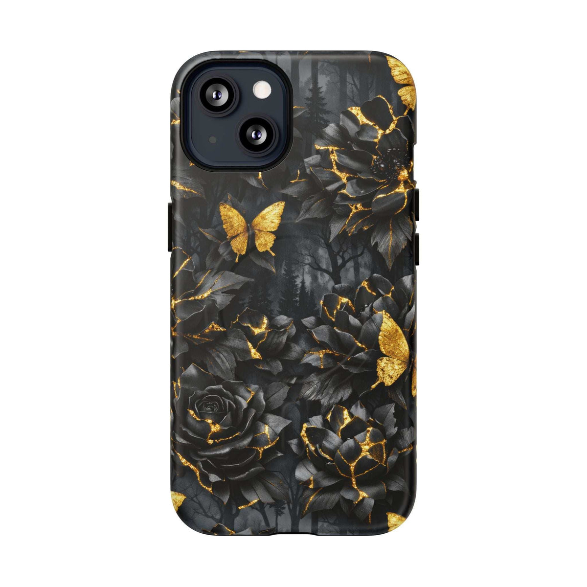 Black iPhone phone case with gold butterfly and rose details, kintsugi garden style