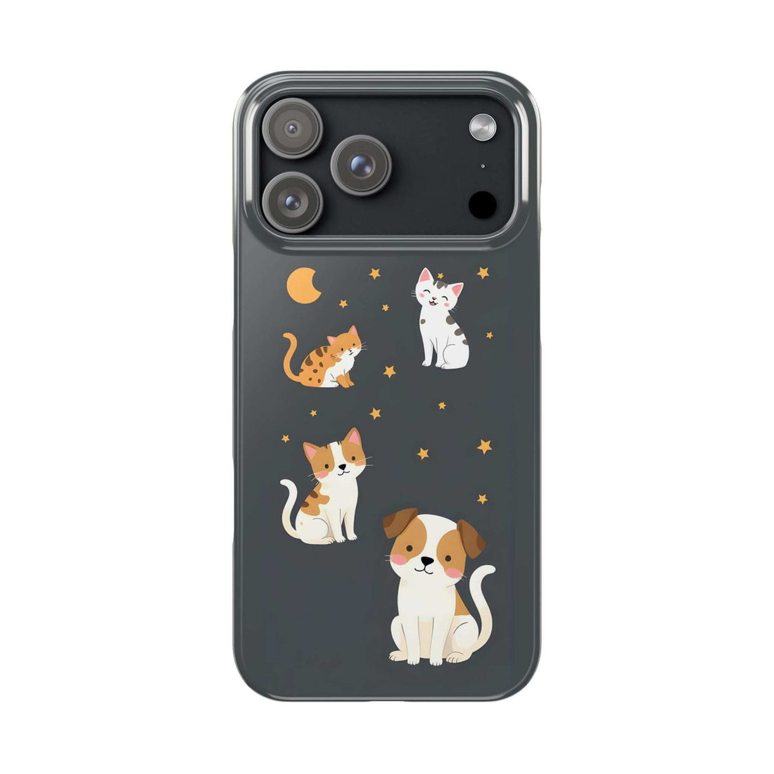 Dark phone case with cute cat and dog illustration, stars, and moon; raised camera cutouts