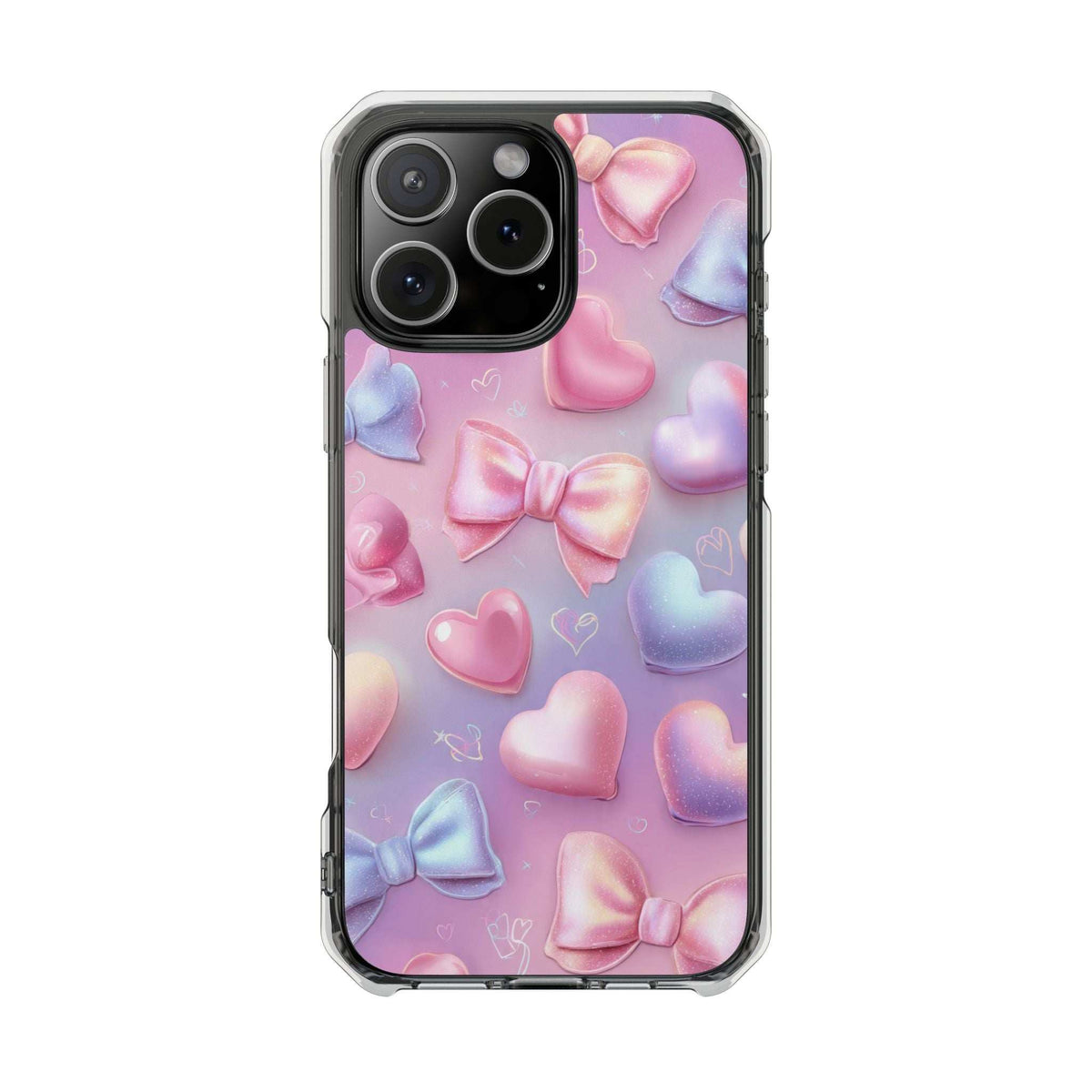 Pastel heart and bow iPhone phone case with clear bumper, raised camera cutouts
