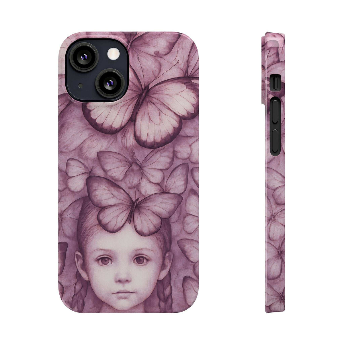Purple butterfly phone case featuring young girl face; camera cutouts visible on back.