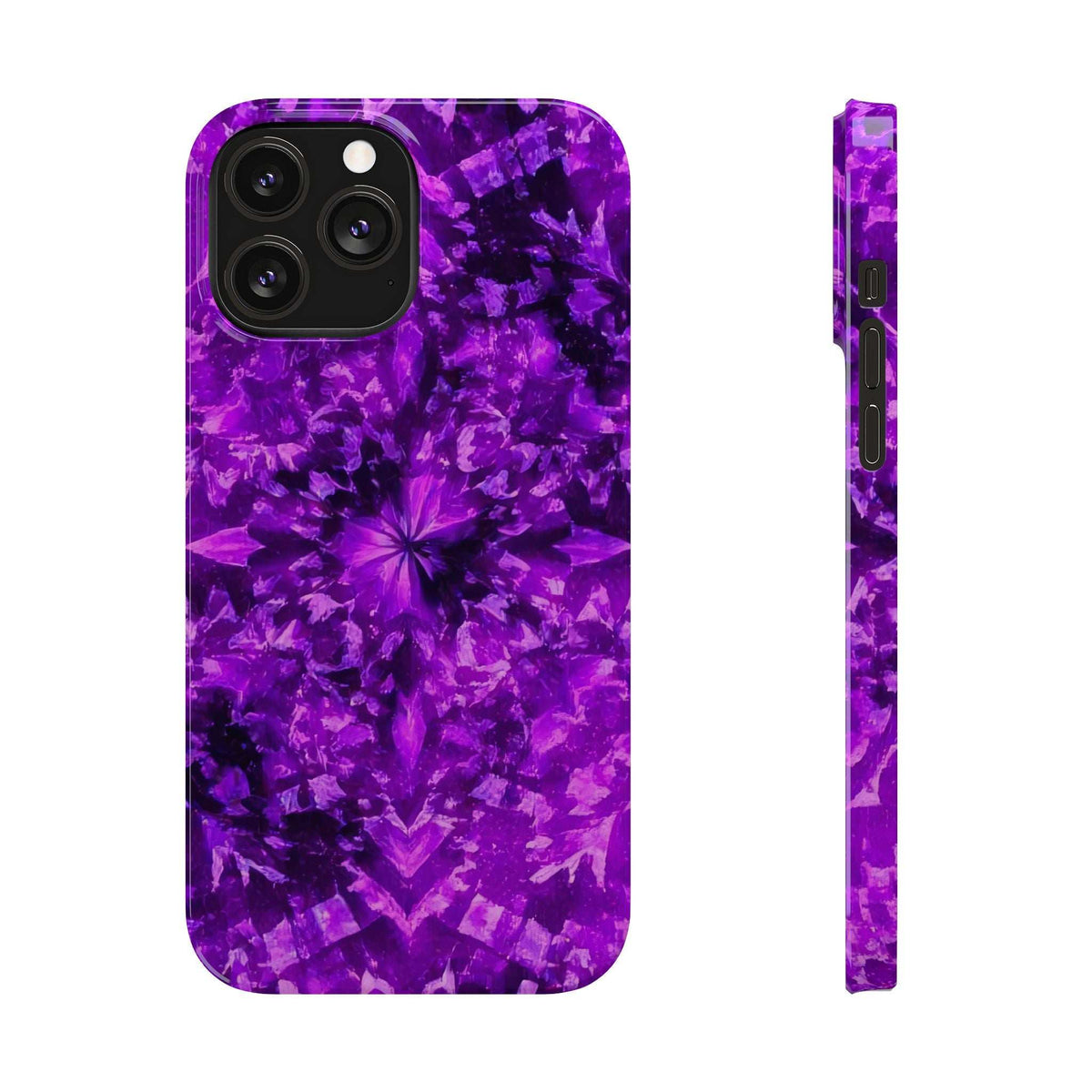 Purple kaleidoscope phone case front with starburst floral pattern; includes side