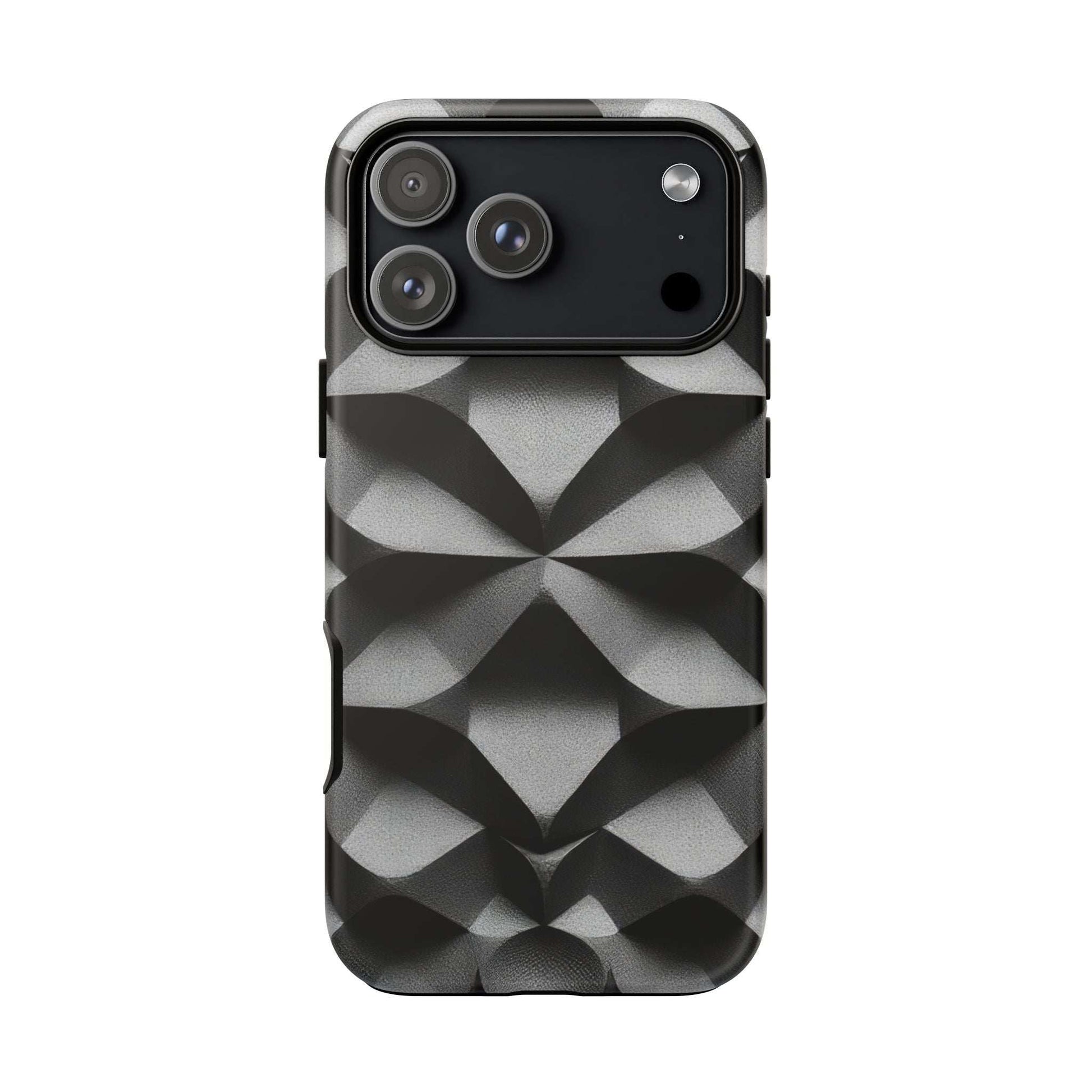 Tough phone case with black and gray 3D geometric design, camera and button openings