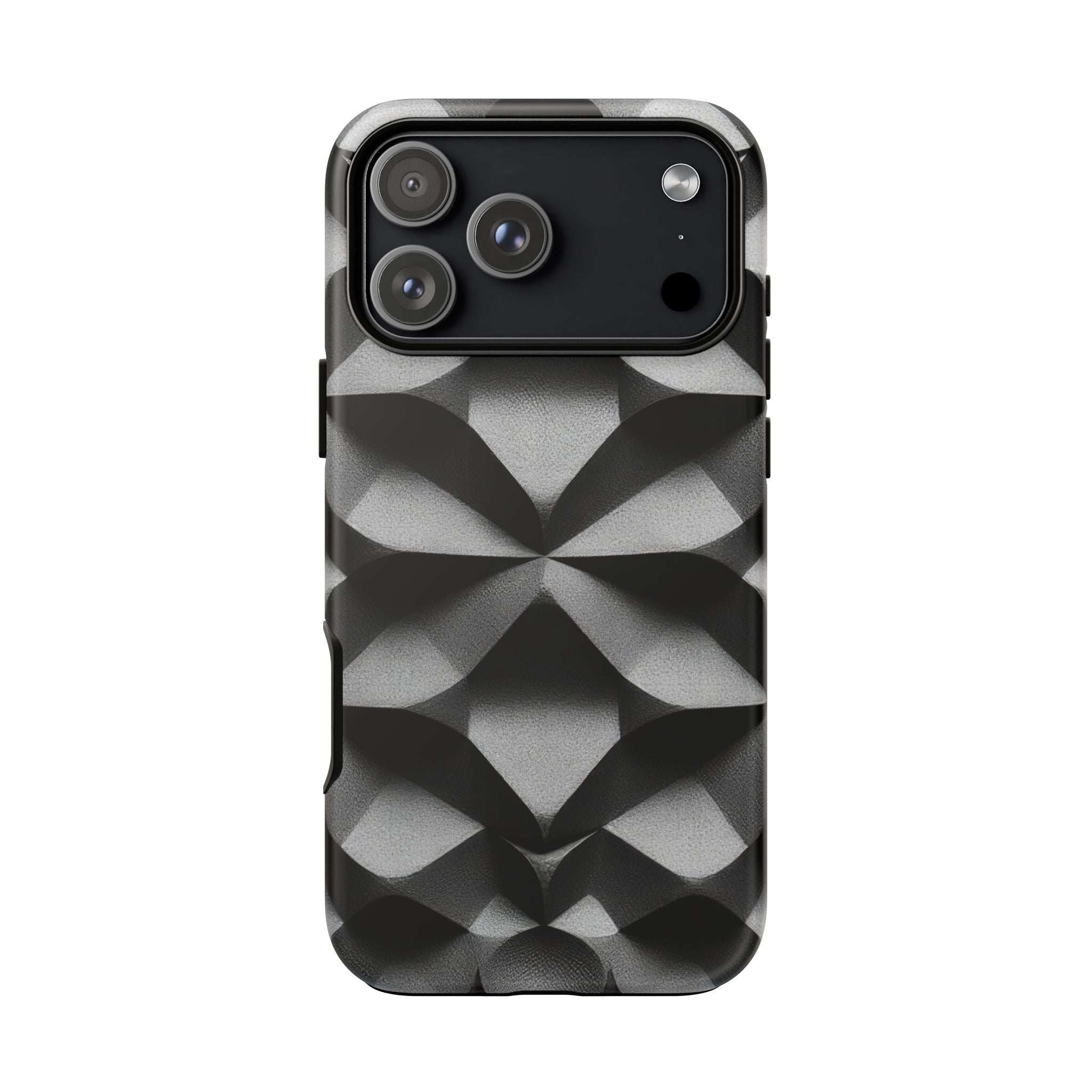 Tough phone case with black and gray 3D geometric design, camera and button openings