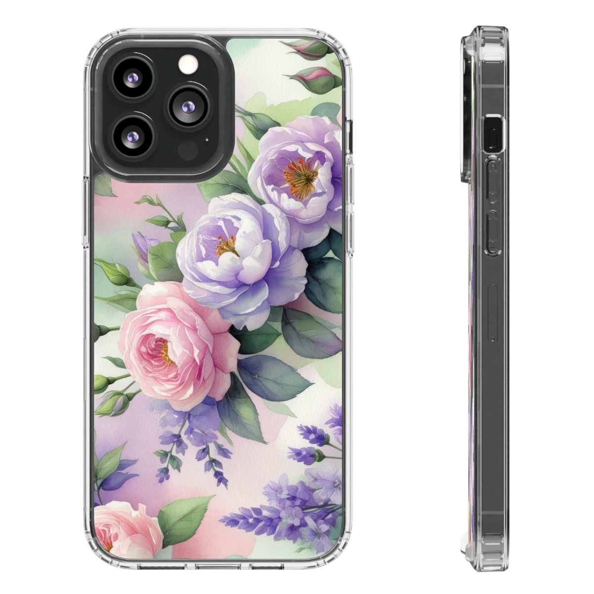 Clear floral phone case featuring pastel roses, transparent side view and protection bumper