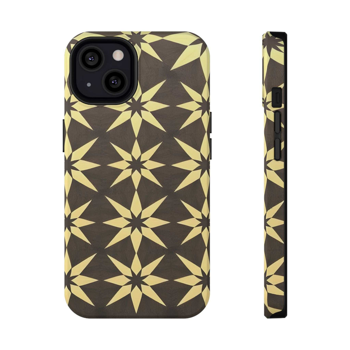 Star geometric phone case back in gold and black; side edge with buttons visible