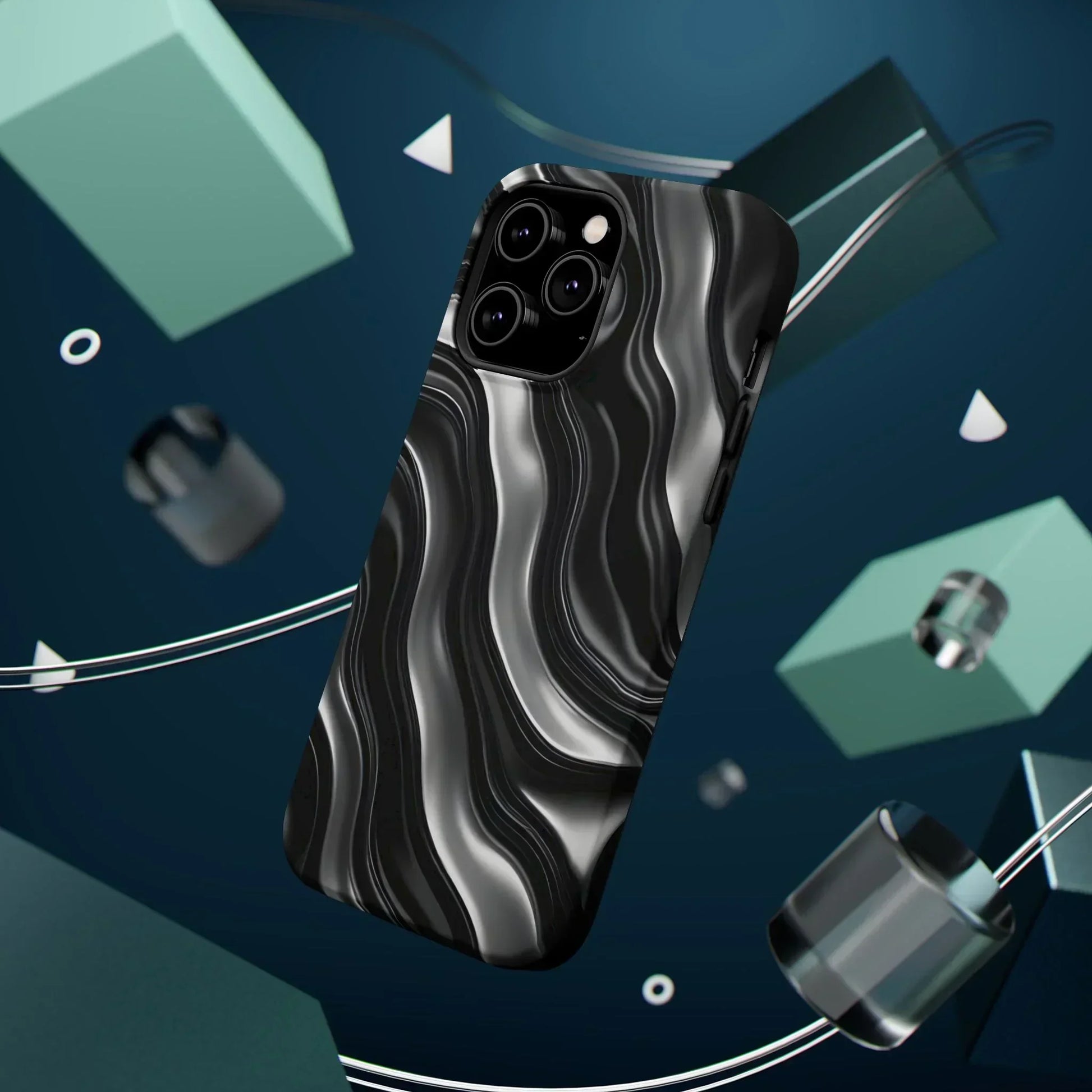 Wavy Illusion Black & Silver MagSafe® Tough Phone Case - KarArmDesign