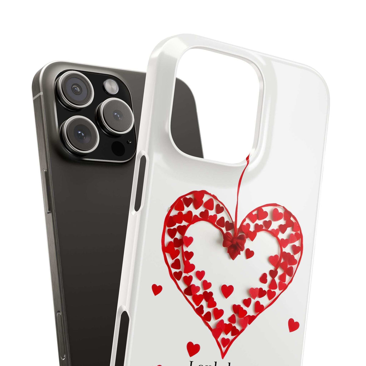 White iPhone case with red heart graphic and open-frame camera side view