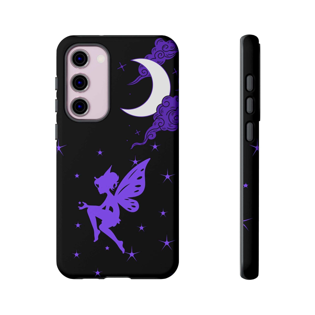 Black phone case featuring purple fairy wings, crescent moon, and star sparkles