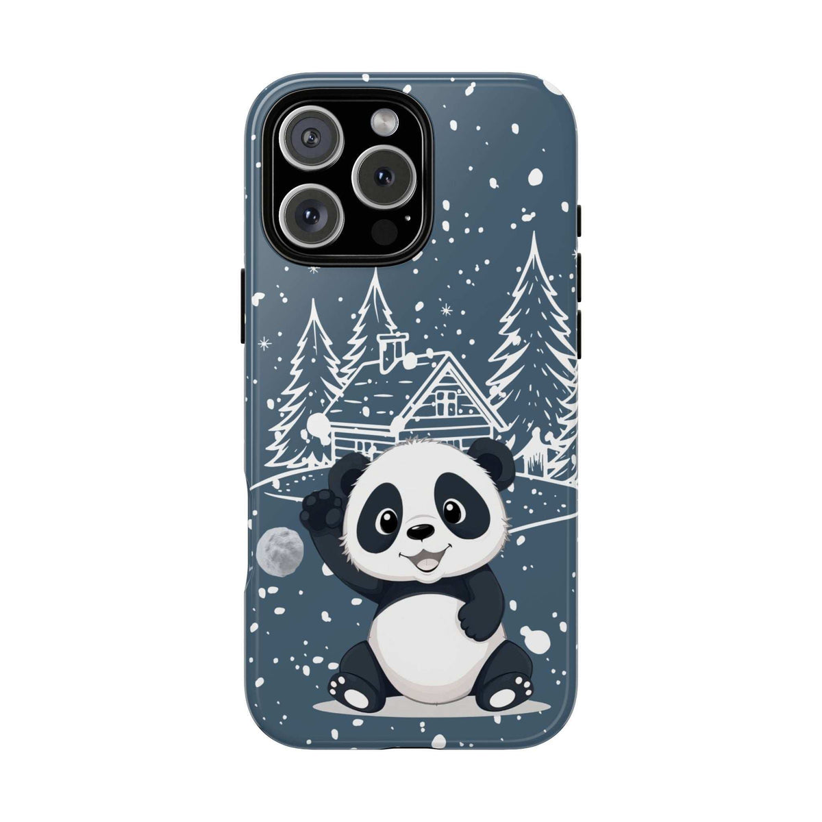 Blue phone case featuring a sitting panda with snowy fir trees and house in the background.