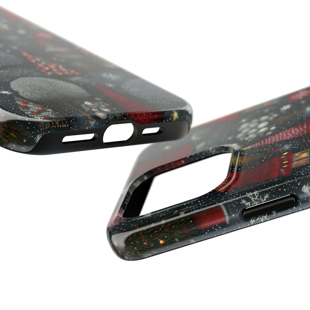 Frosted phone case with dark gray glittery winter scene, red trees, camera cutouts