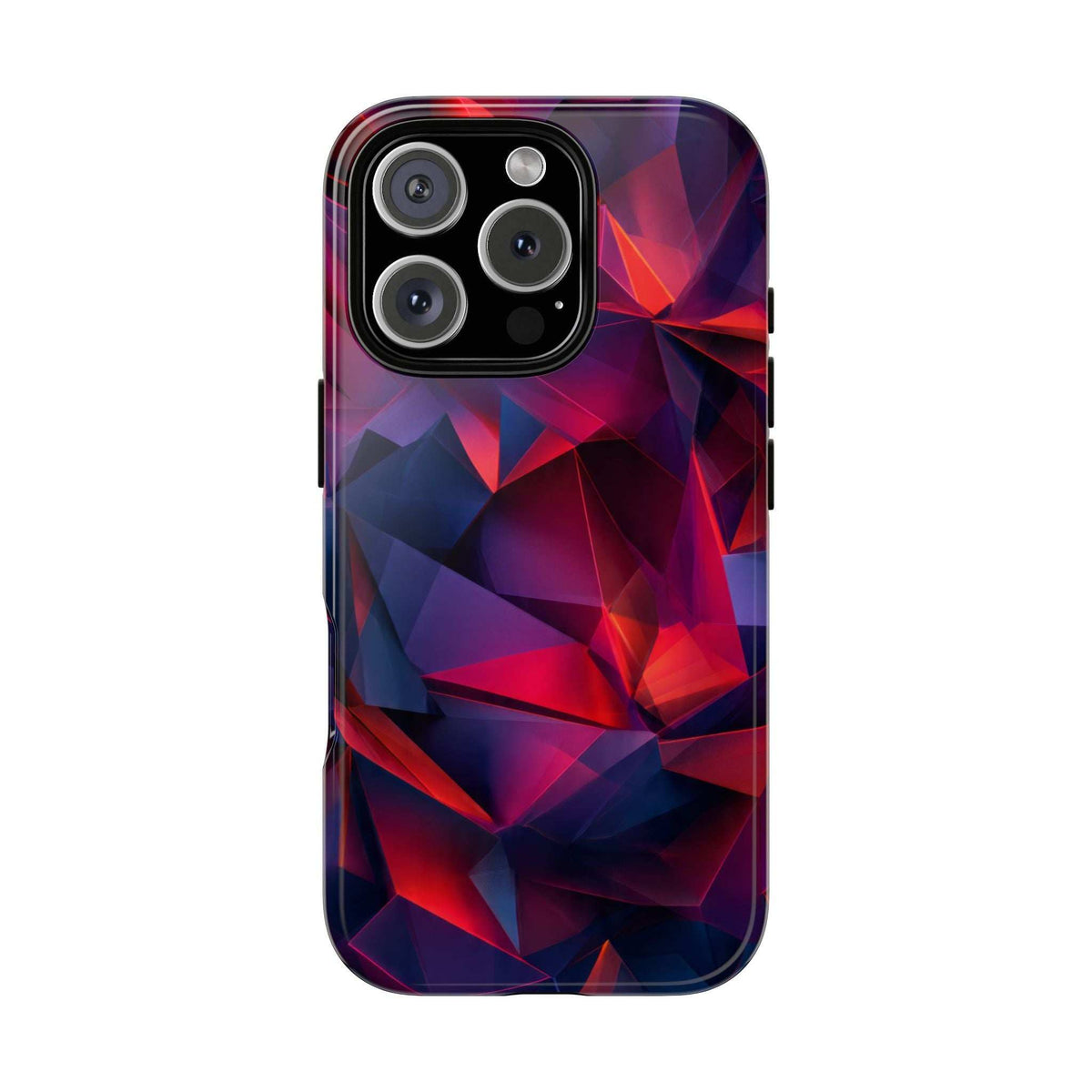Glossy phone case with red-blue-purple crystal facets and quad camera cutout