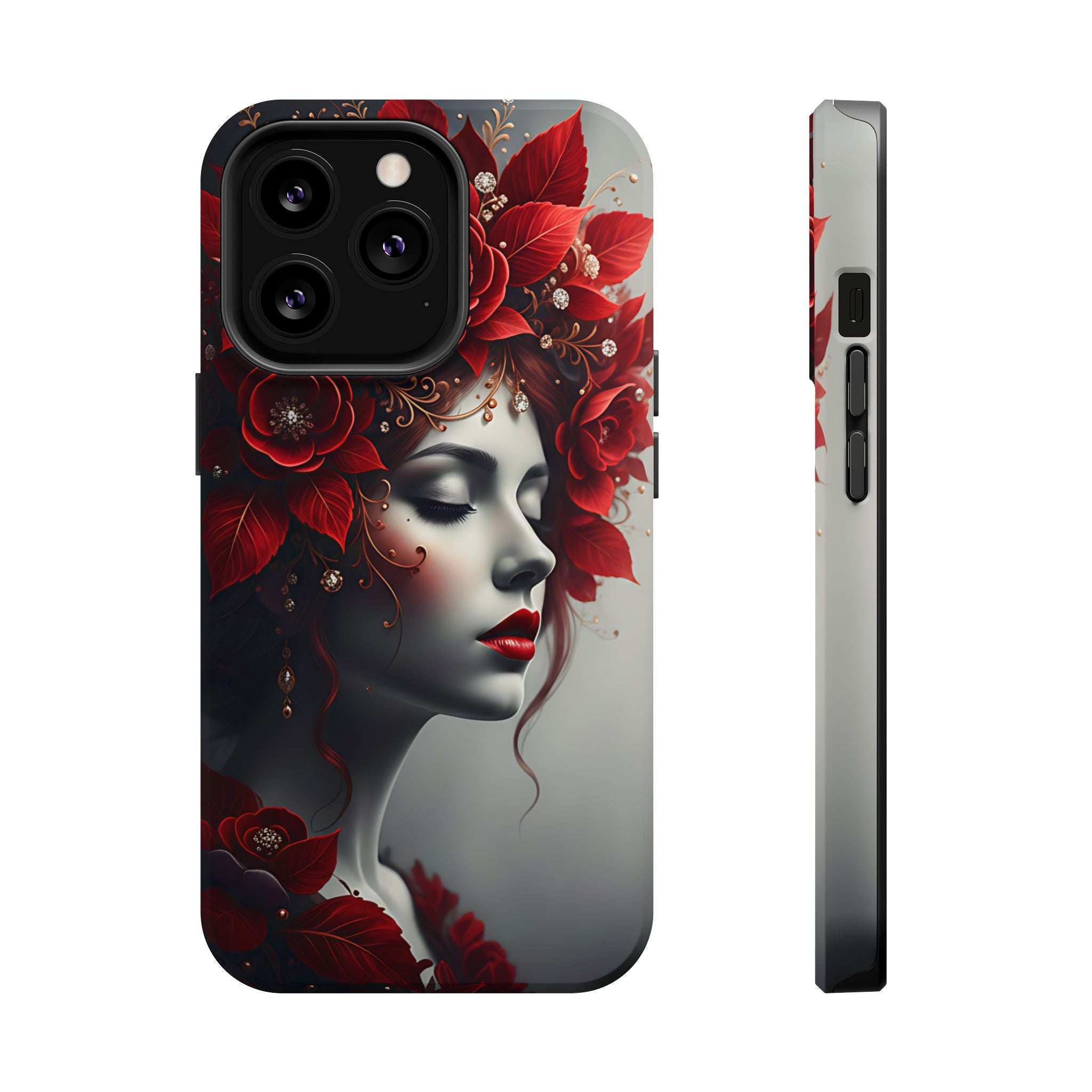Phone case with red floral portrait woman artwork, black camera cutouts, side buttons visible
