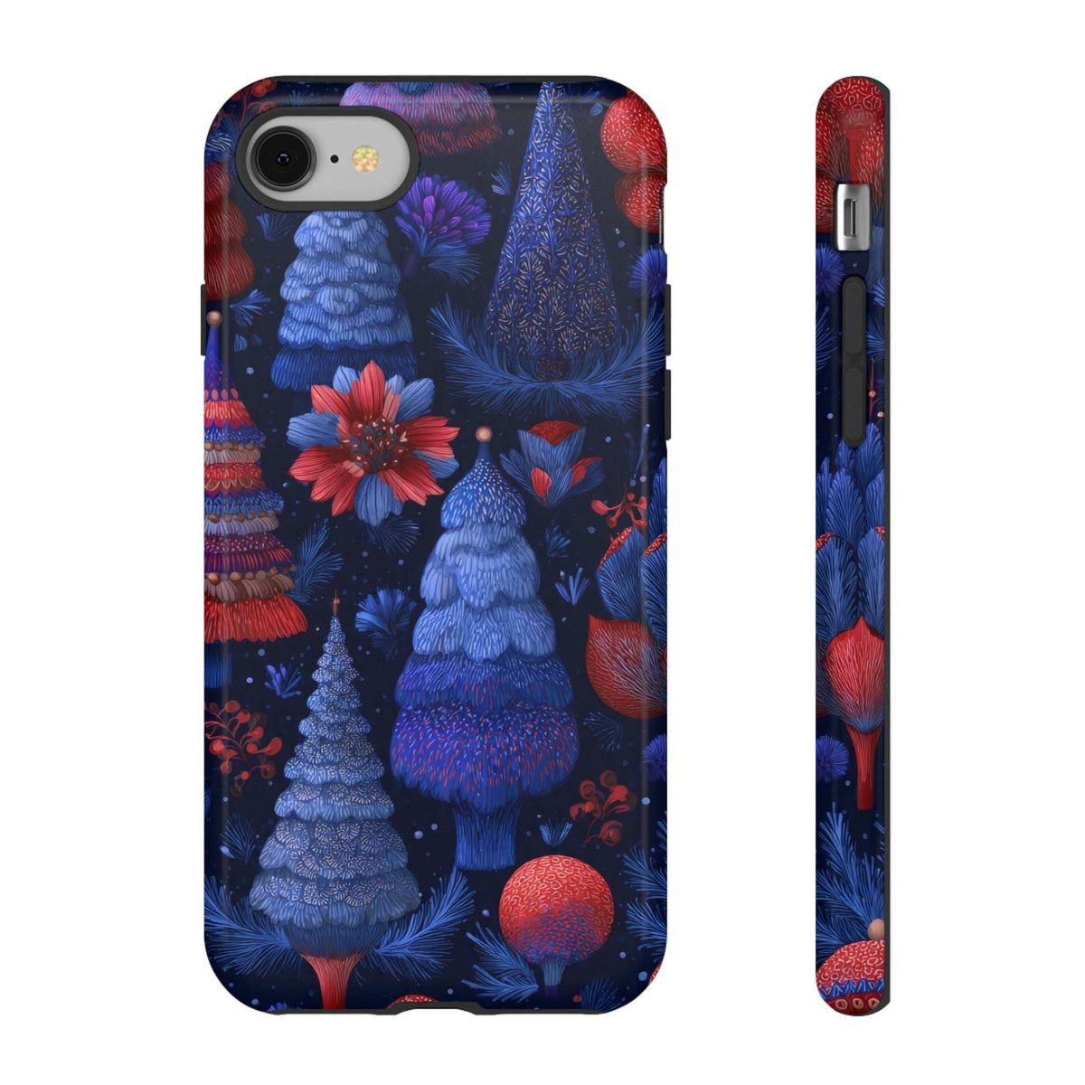 Glossy midnight blue phone case with Christmas forest scene; camera cutouts and slim side view.
