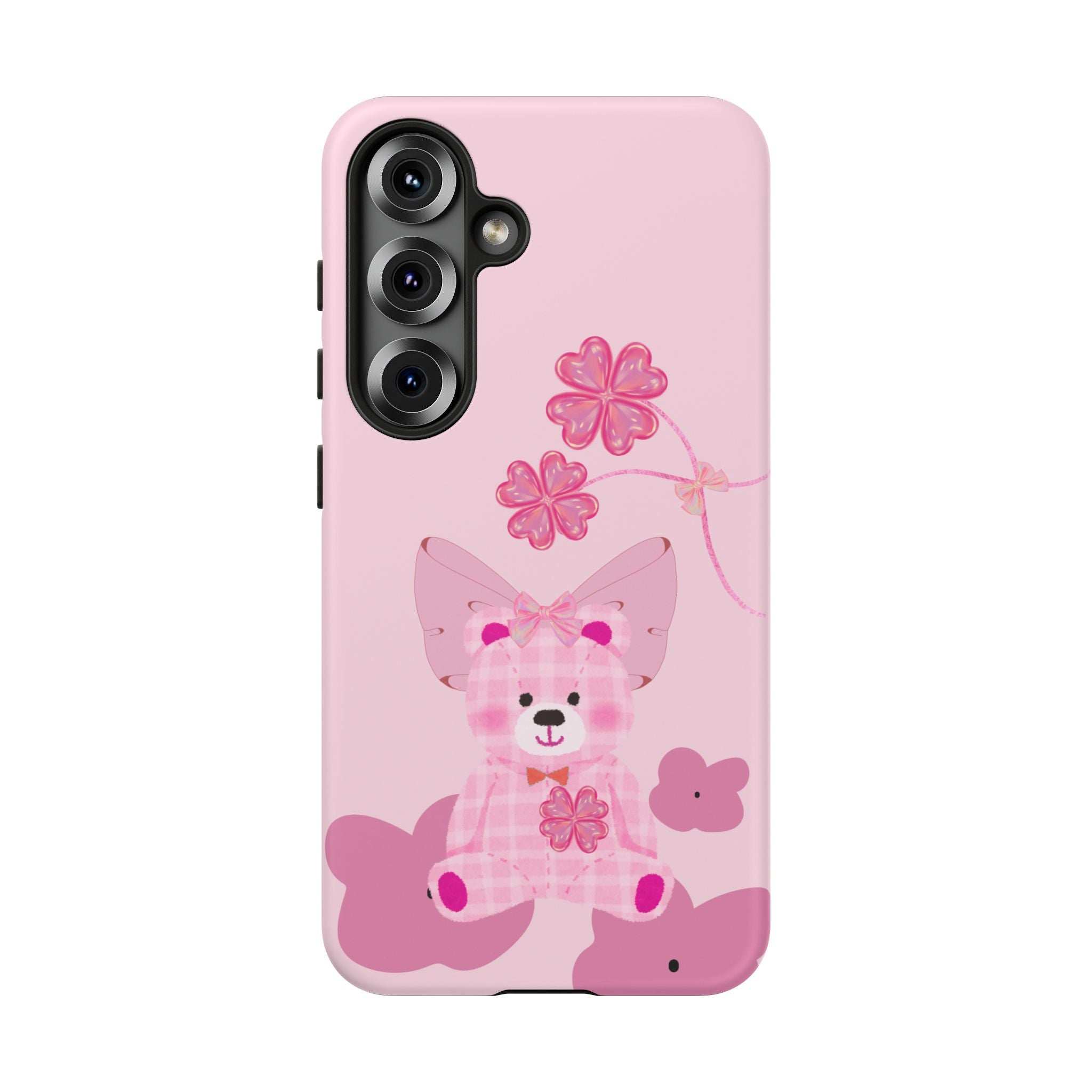Pink phone case featuring teddy bear with bow and heart flowers; back view