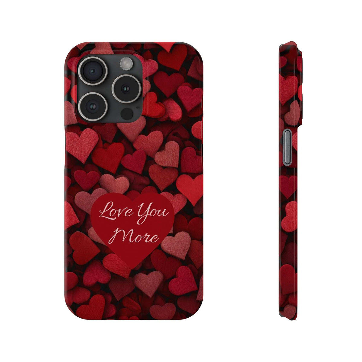 Red heart-pattern phone case with “Love You More” script; multi-lens camera cutouts
