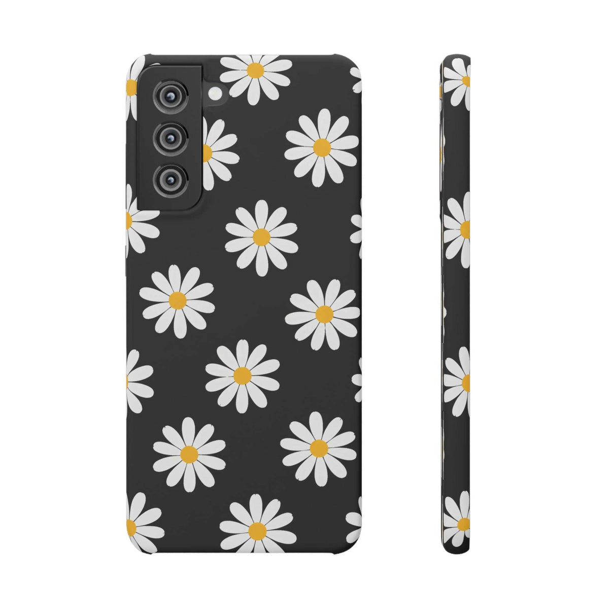 Black phone case with white daisies and yellow centers; camera lenses aligned on back.