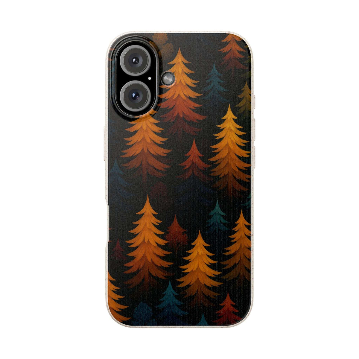 Biodegradable phone case with dark forest tree pattern and side camera opening