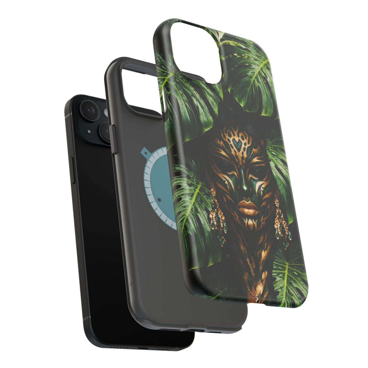 Phone case back view with jungle lion face artwork in green foliage, cutout for camera
