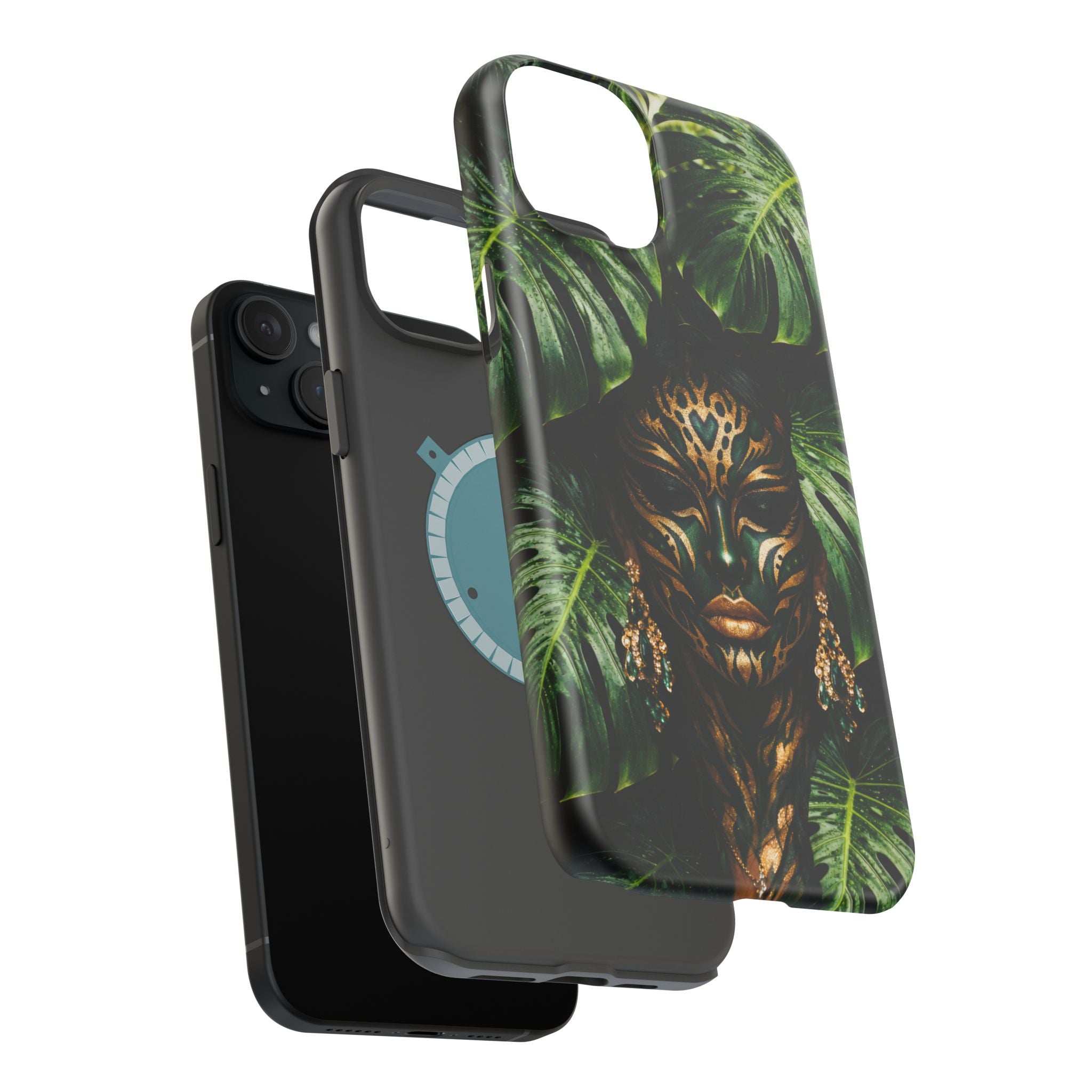 Phone case back view with jungle lion face artwork in green foliage, cutout for camera