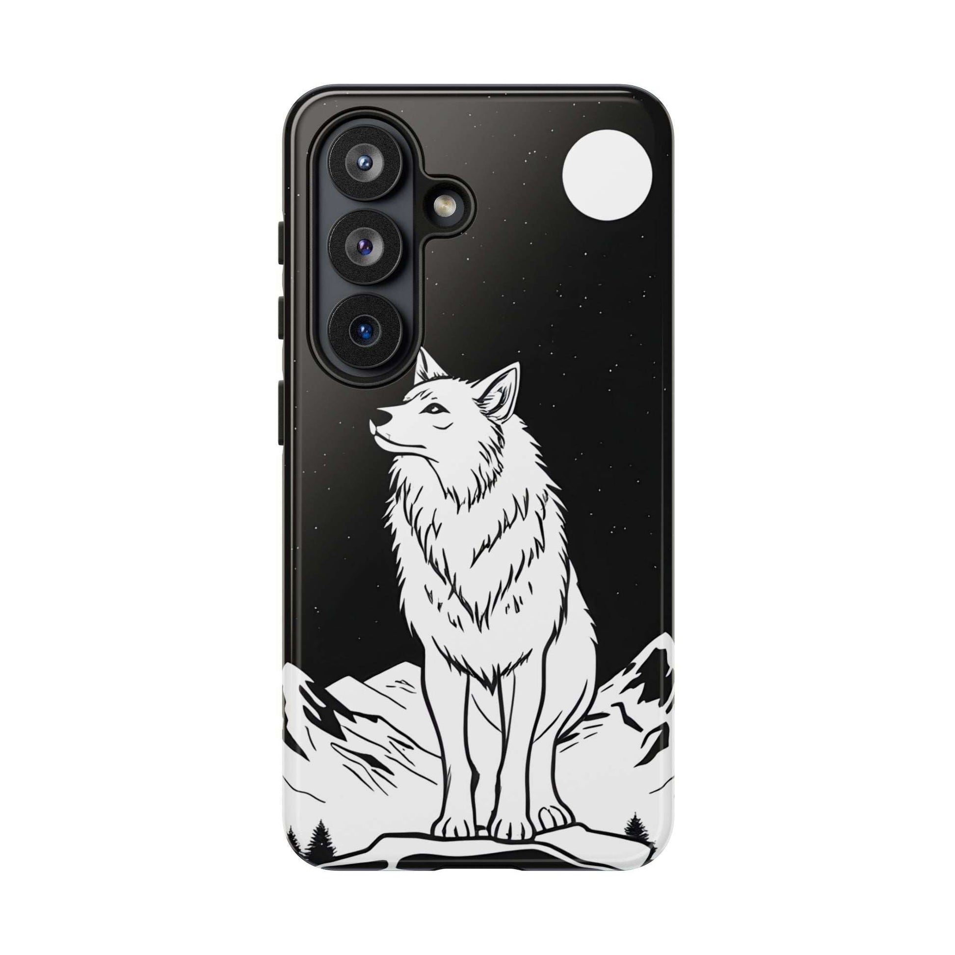 Black phone case with white wolf design, star speckles, and large top-right circle