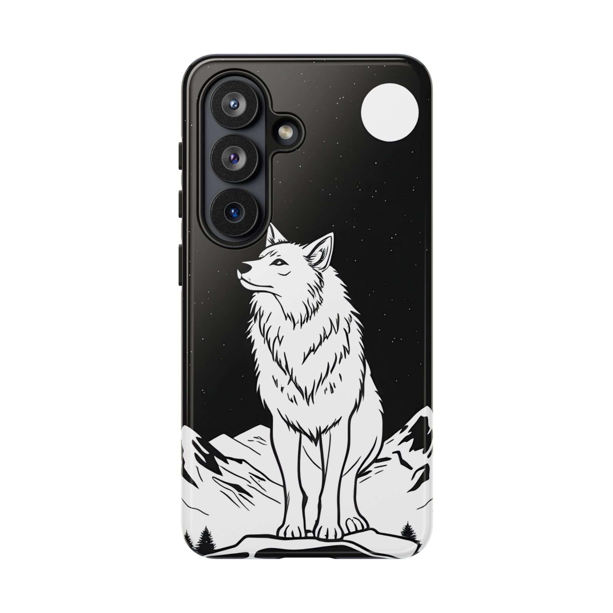 Black phone case with white wolf design, star speckles, and large top-right circle