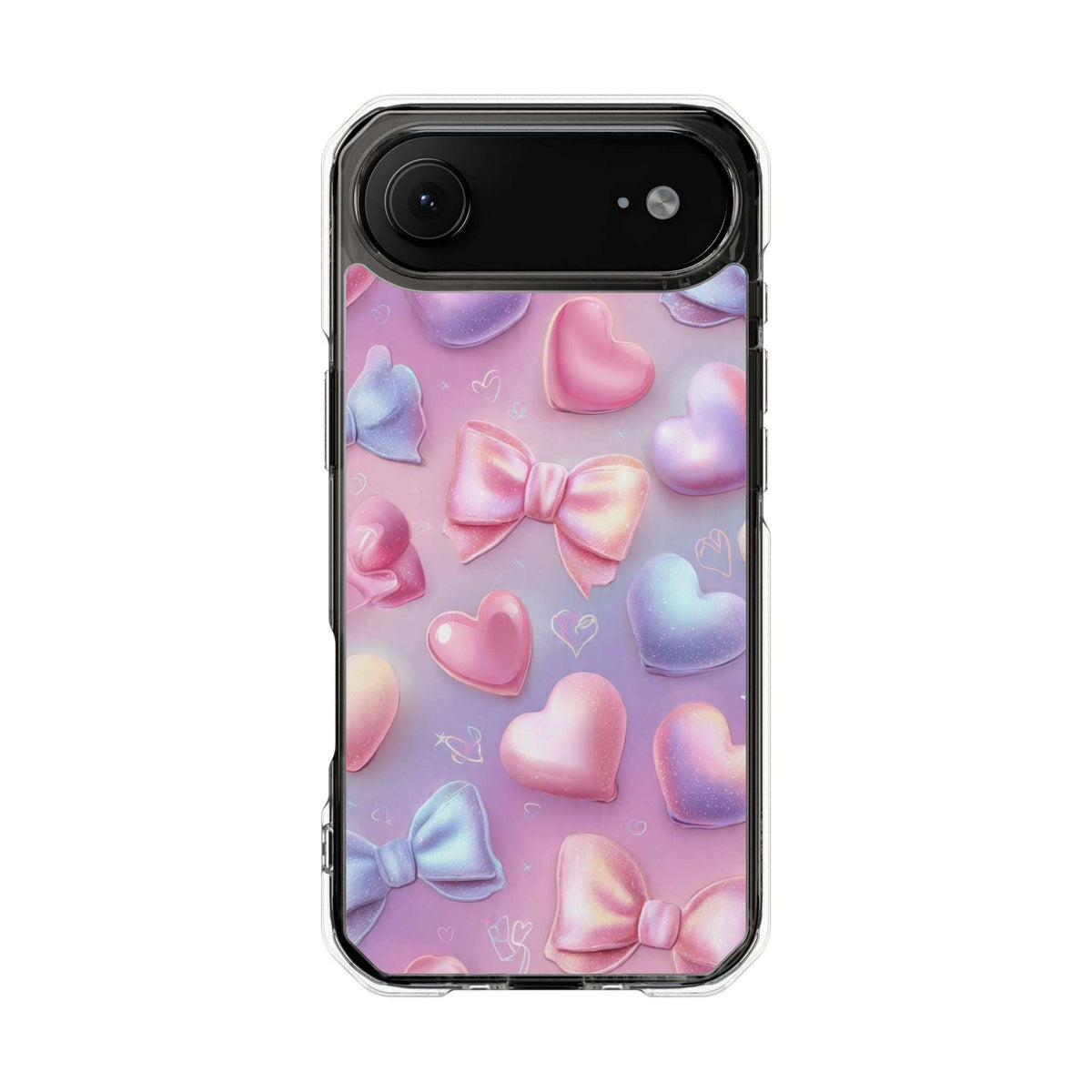 Pastel hearts and bows phone case with black camera window, clear protective edges