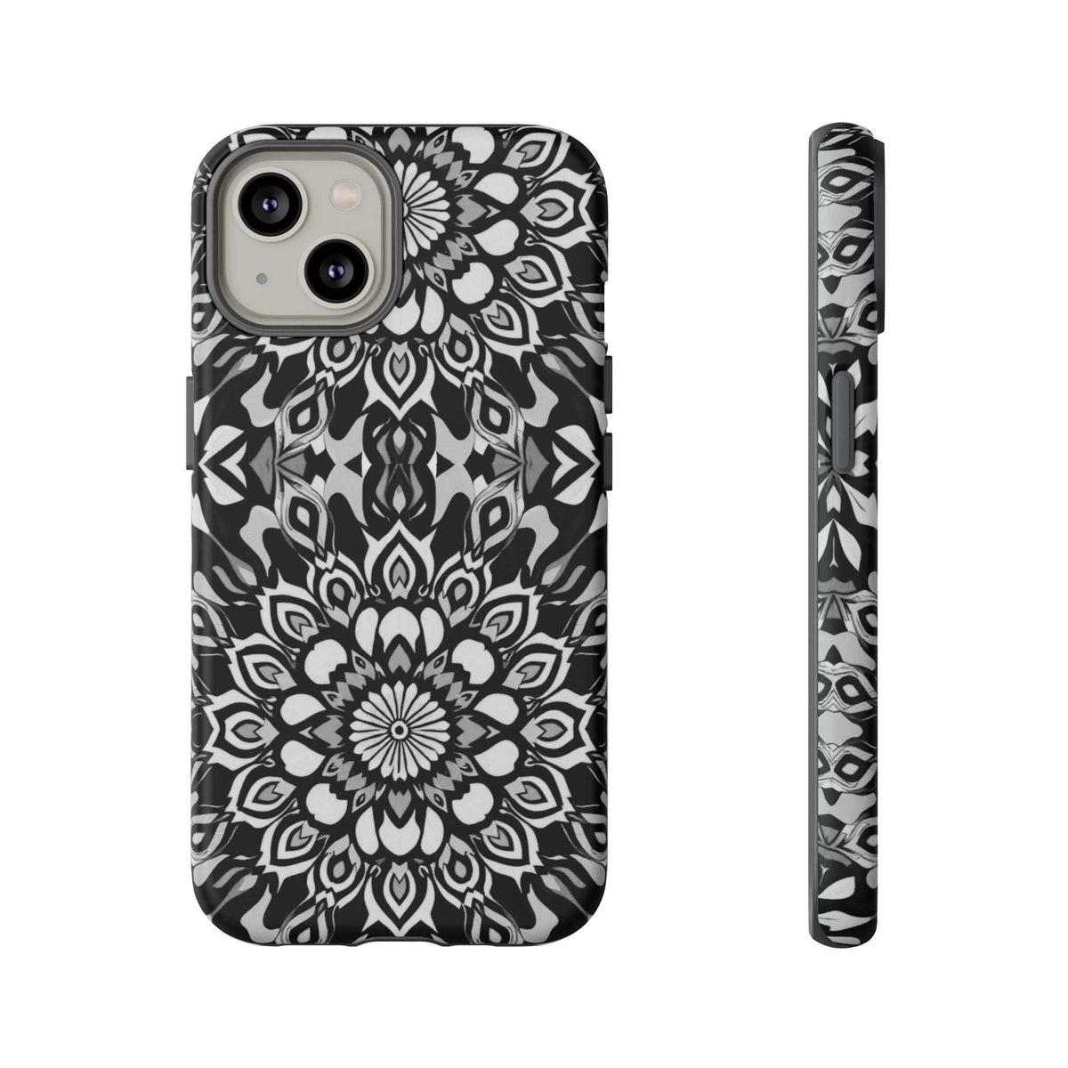 Mandala phone case with black-and-white mandala artwork and camera cutouts on back