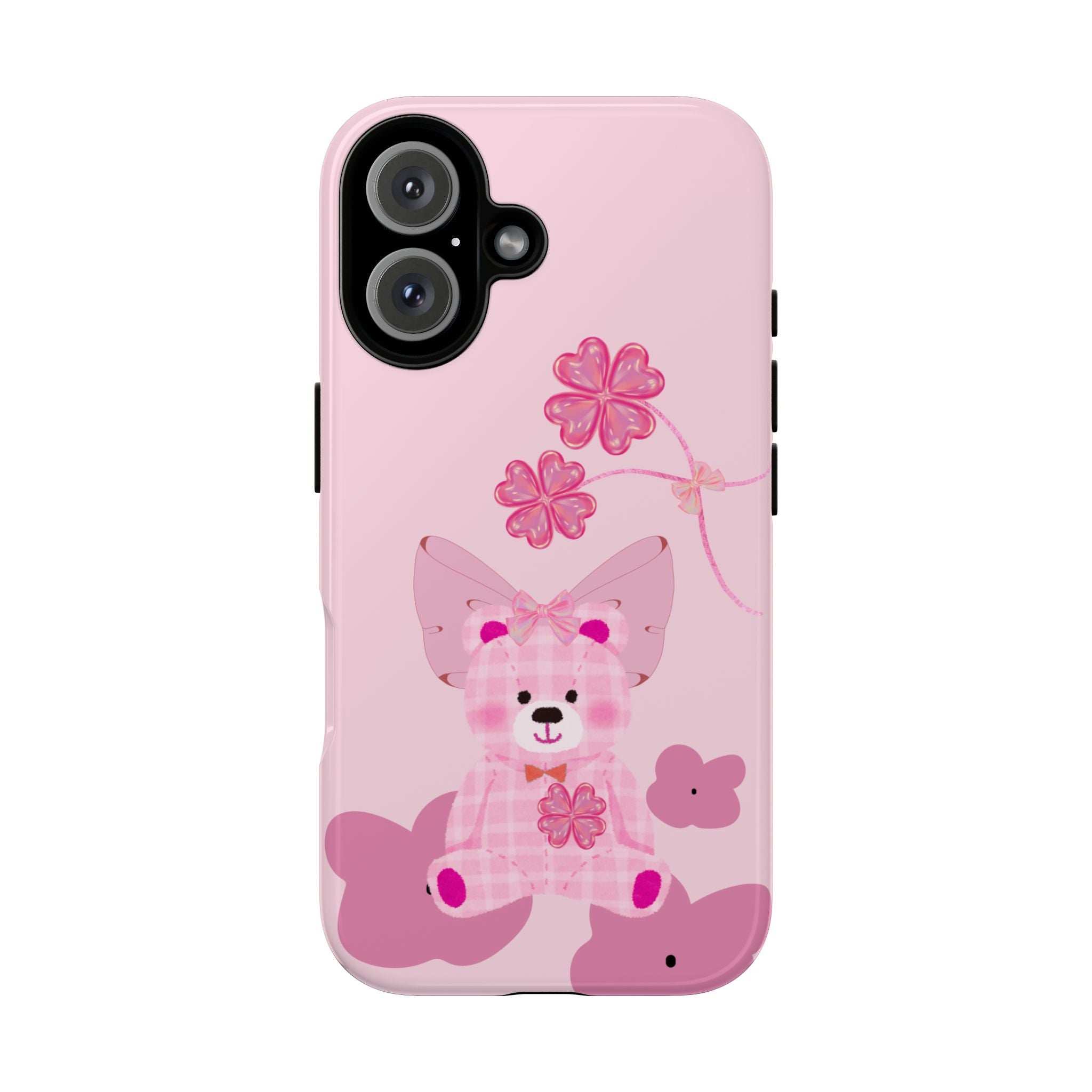 Pink teddy bear phone case with floral bow; back view with camera cutouts visible.