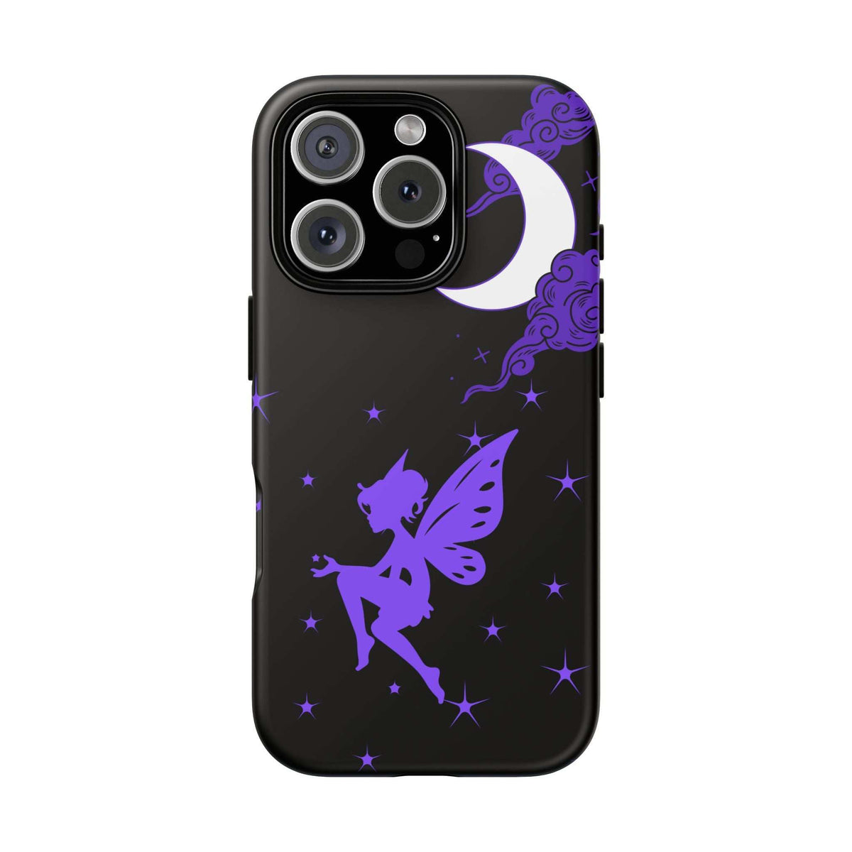 Black phone case featuring a purple fairy, crescent moon, and purple star pattern