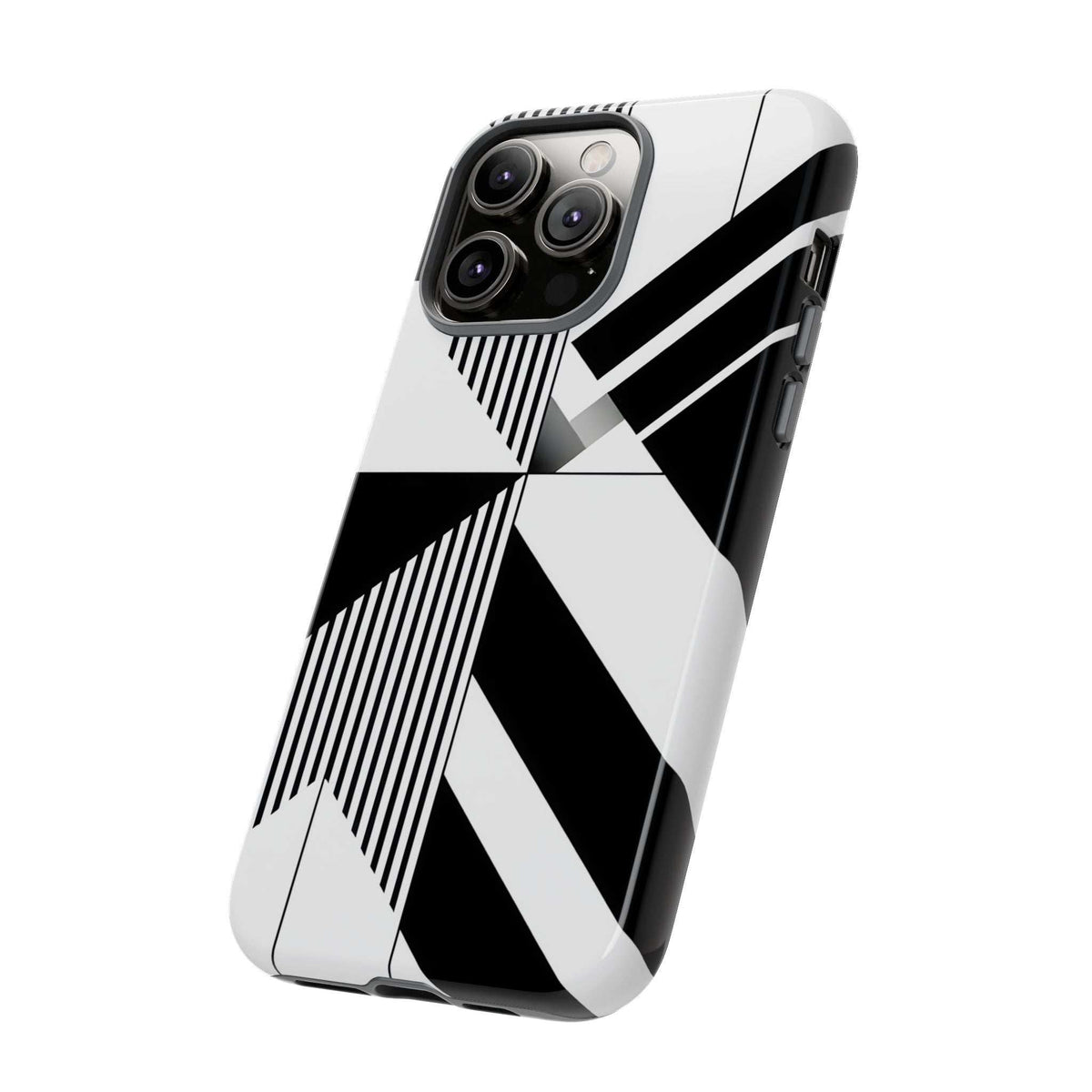 Monochrome tough phone case with geometric stripe and chevron pattern, angled side view