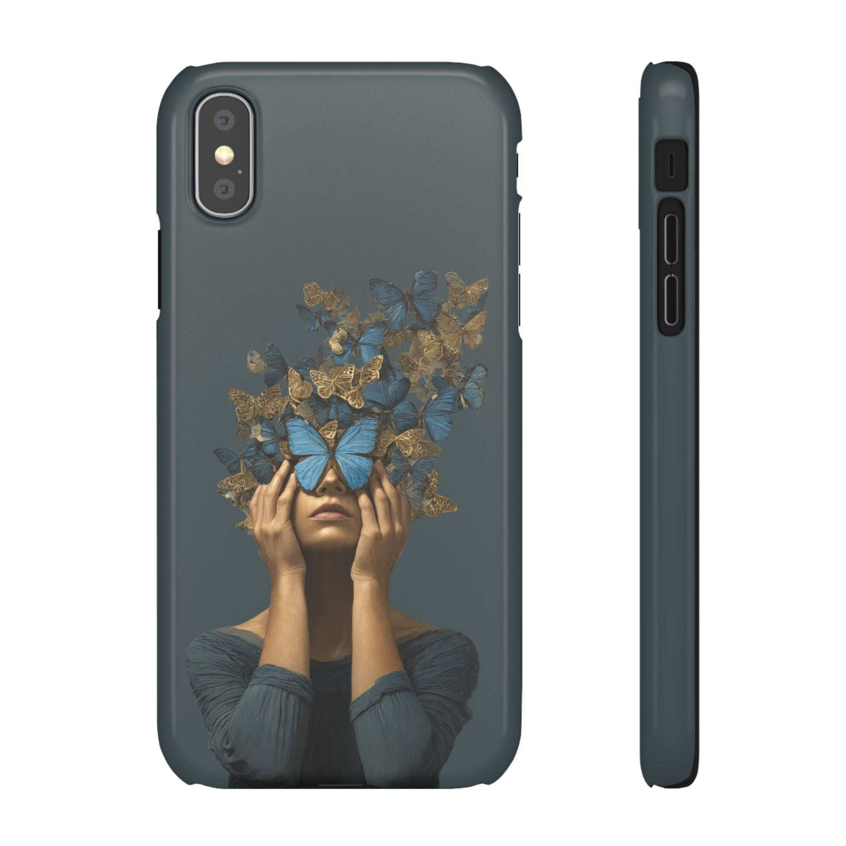Dark gray phone case featuring butterfly face artwork; side view shows button cutouts