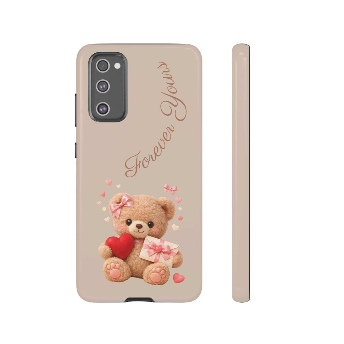 Beige phone case with teddy bear holding a red heart and gift, double-lens camera cutout