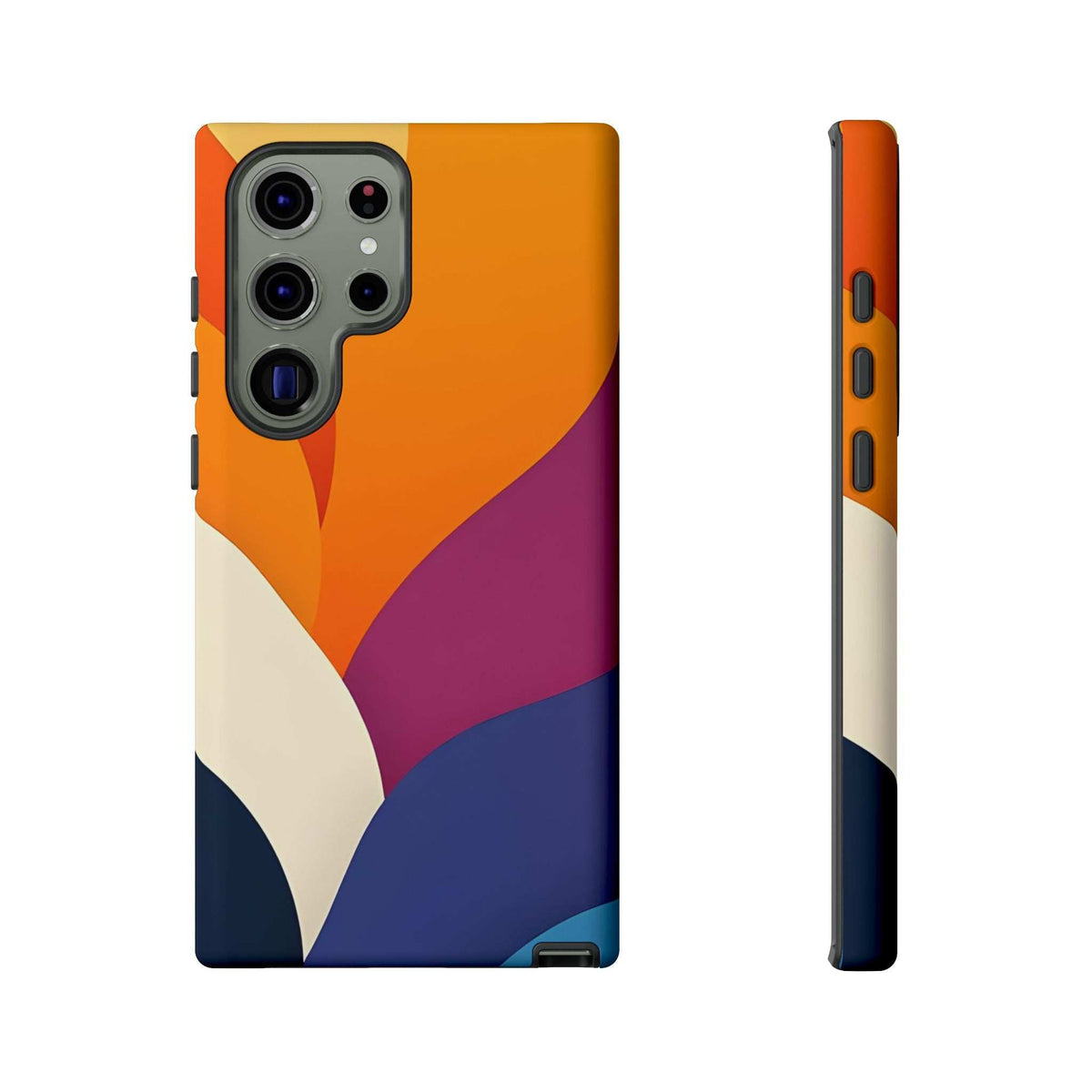 Phone case with abstract orange, magenta, cream, and navy pattern; side view with button cutouts.