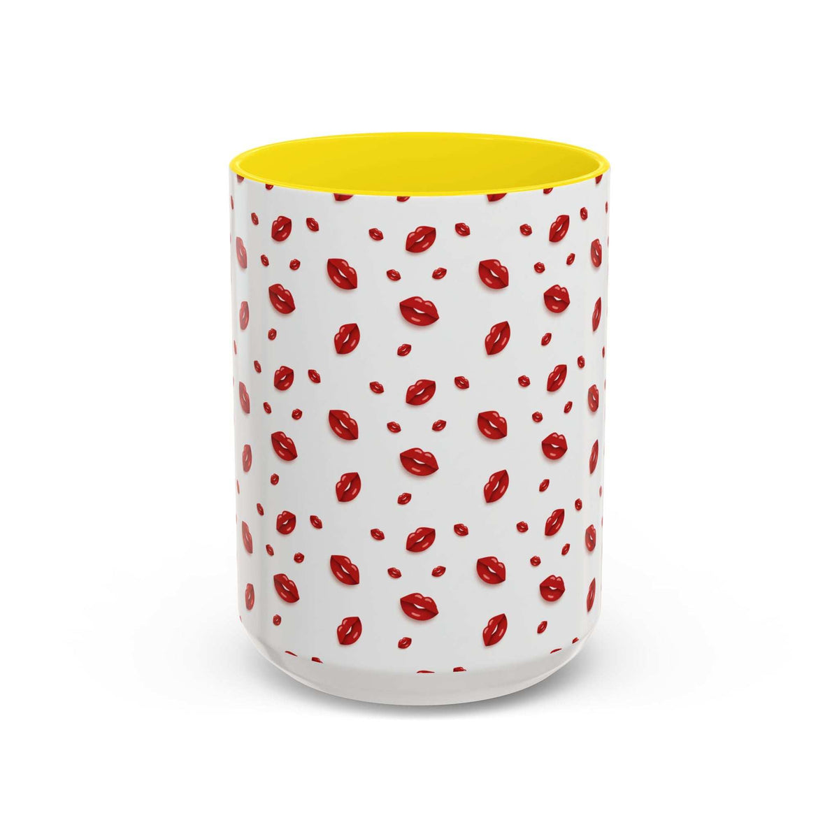 Ceramic coffee mug with red lips pattern and bright yellow interior rim