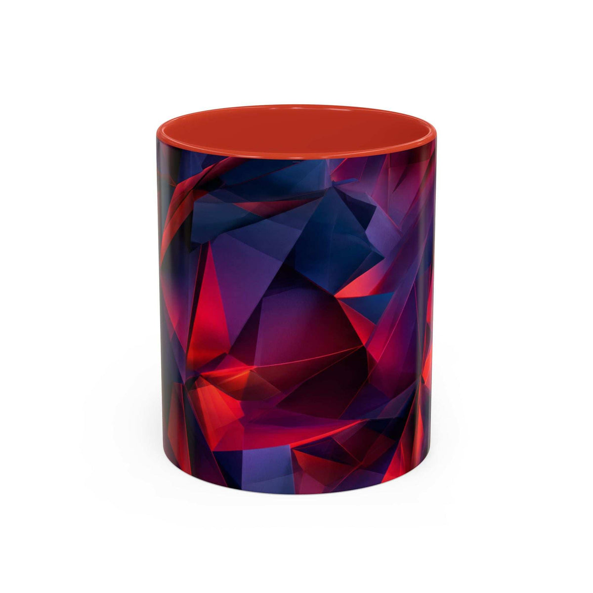 Ceramic coffee mug with geometric red and blue abstract pattern, orange rim