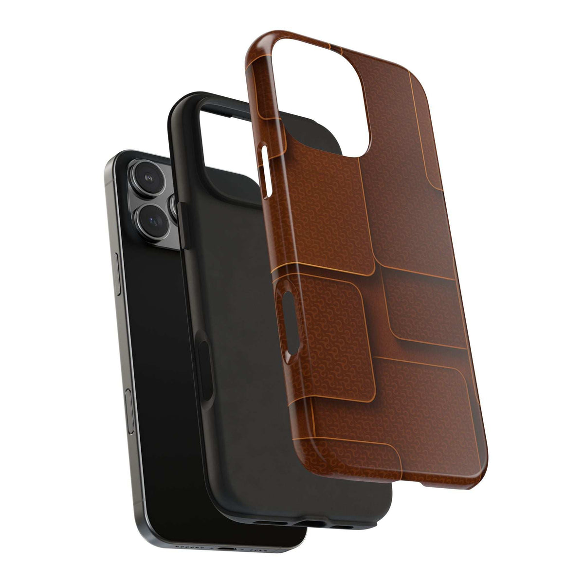 Brown textured phone case with open cutouts and raised rim, shown with black case