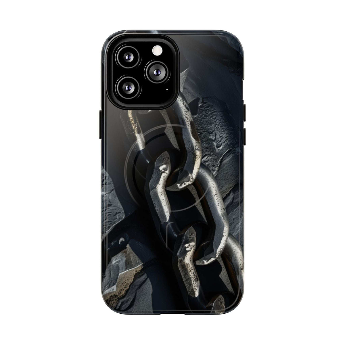 Black tough phone case with chain links and metallic design, camera lens cutouts