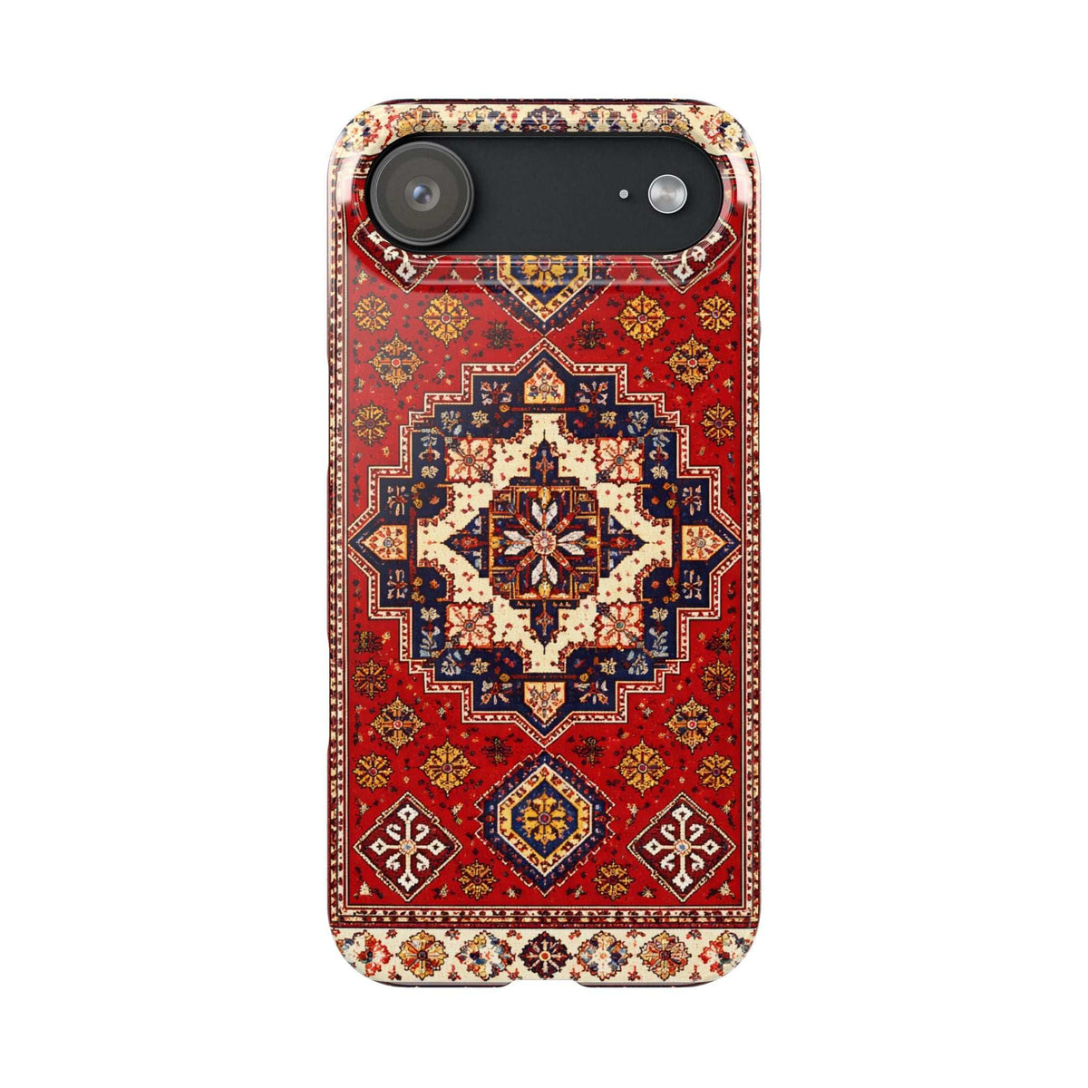 Armenian carpet patterned phone case, red and blue symmetry with small gold accents; cameras cut.