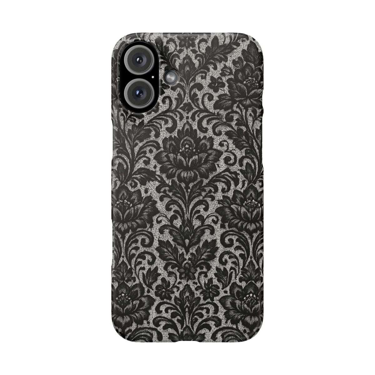 Black damask floral phone case back with raised camera opening and damask ornament