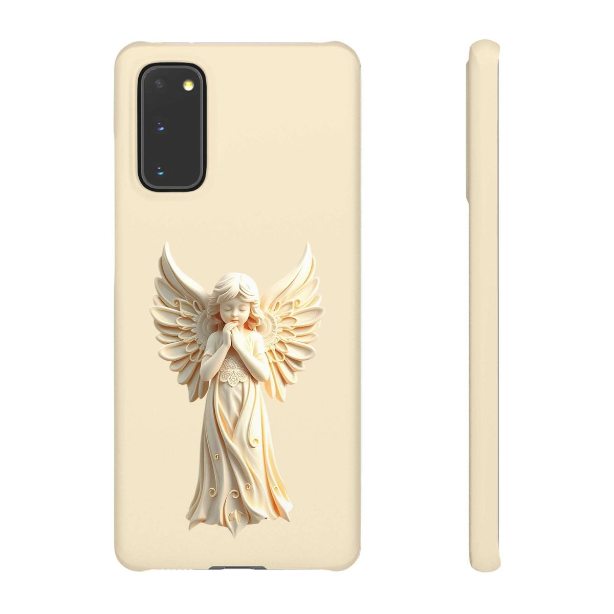 Light beige phone case with raised angel figure and side edge