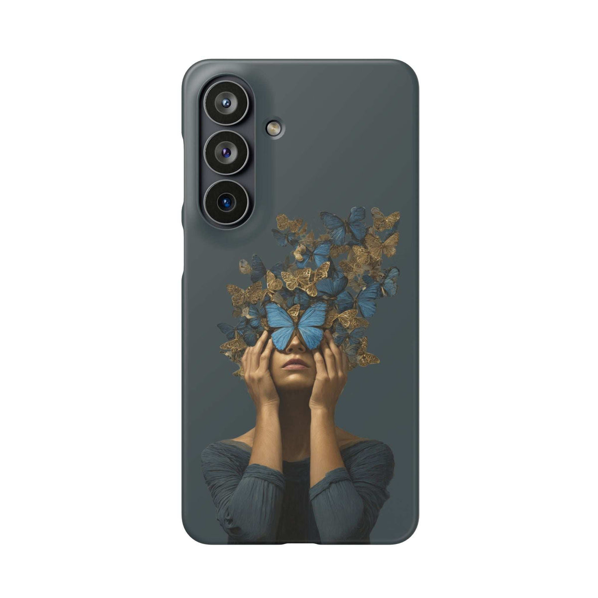 Dark gray phone case with blue butterfly design and gold butterfly wing details