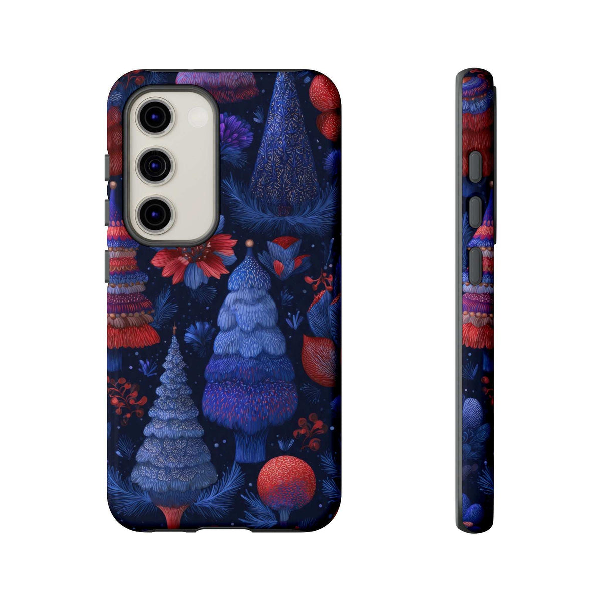 Phone case with stylized winter forest in dark blue and red ornaments