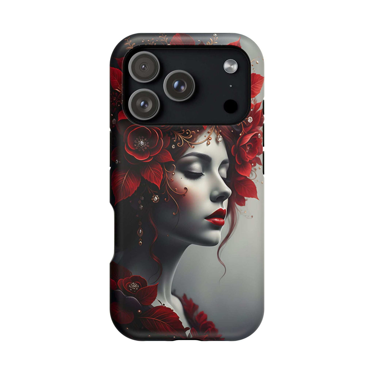 Phone case showing red roses and a woman profile illustration; rear cameras on top.