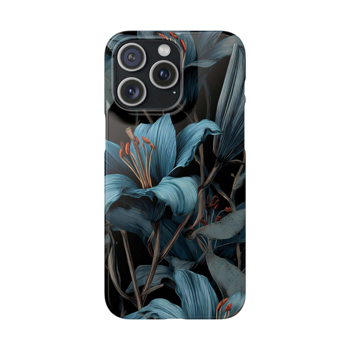 Blue and teal floral phone case with triple-camera cutout and flash opening