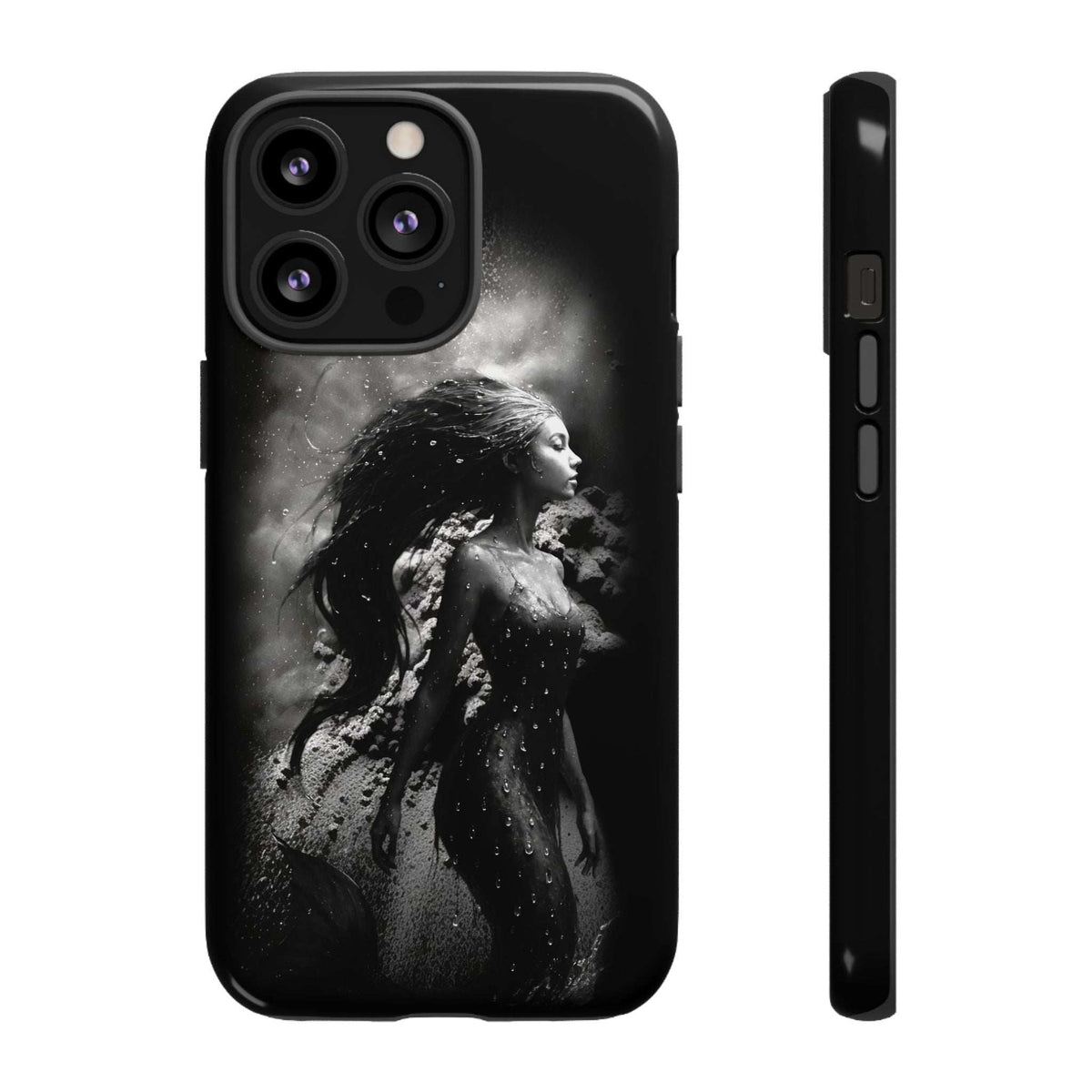 Black phone case featuring monochrome mermaid portrait; camera module cutouts on top-left