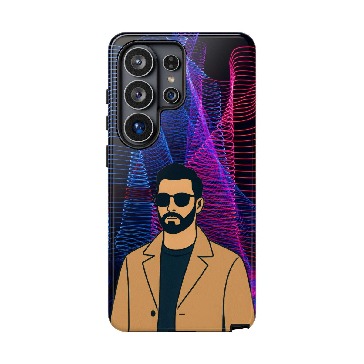 Glossy phone case with bearded man artwork and neon blue/pink lines; multi-camera cutout
