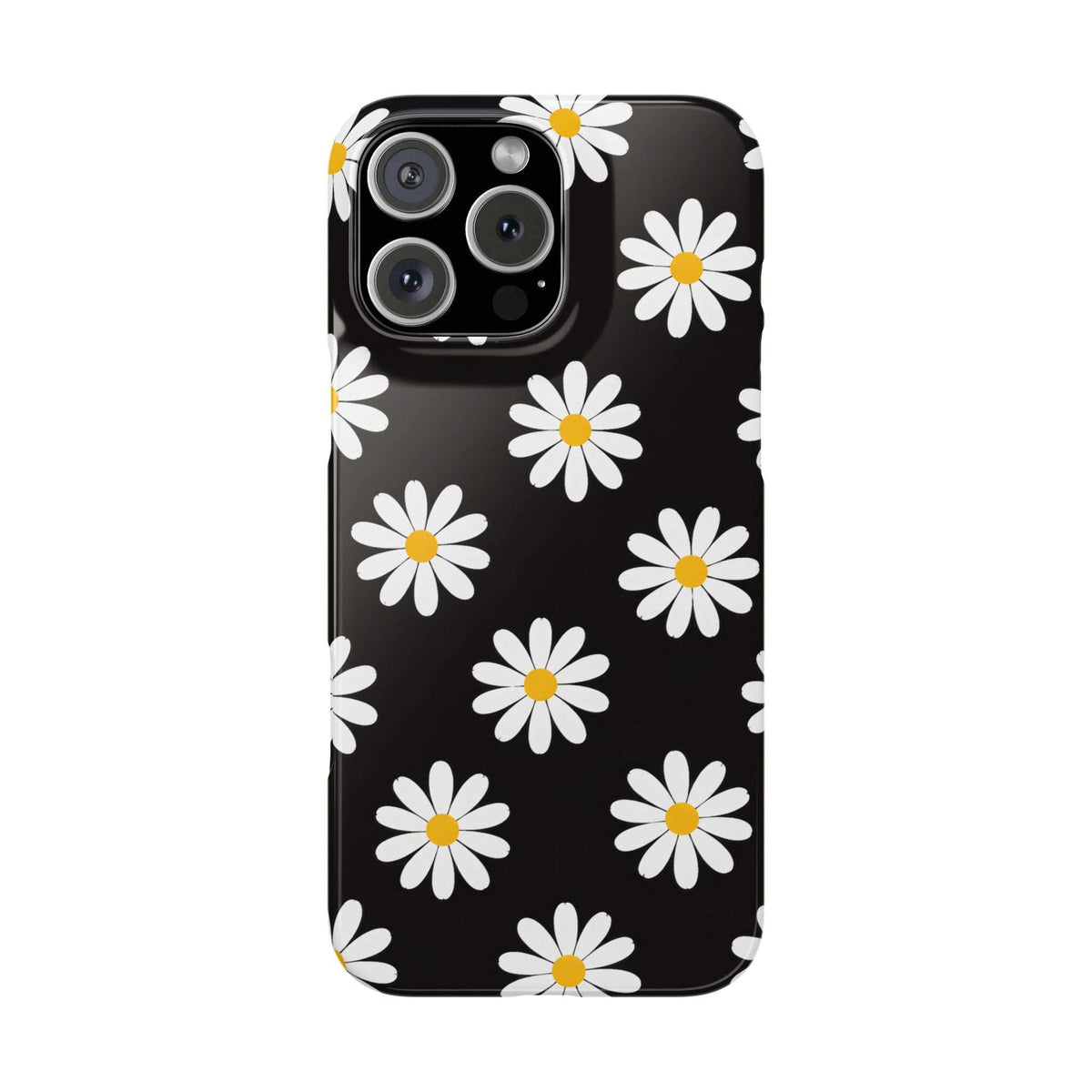Daisy charm phone case, dark base with white daisies and yellow centers; camera opening